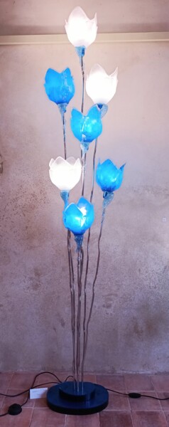Lampadaire 7 tulipes bleu et blanc